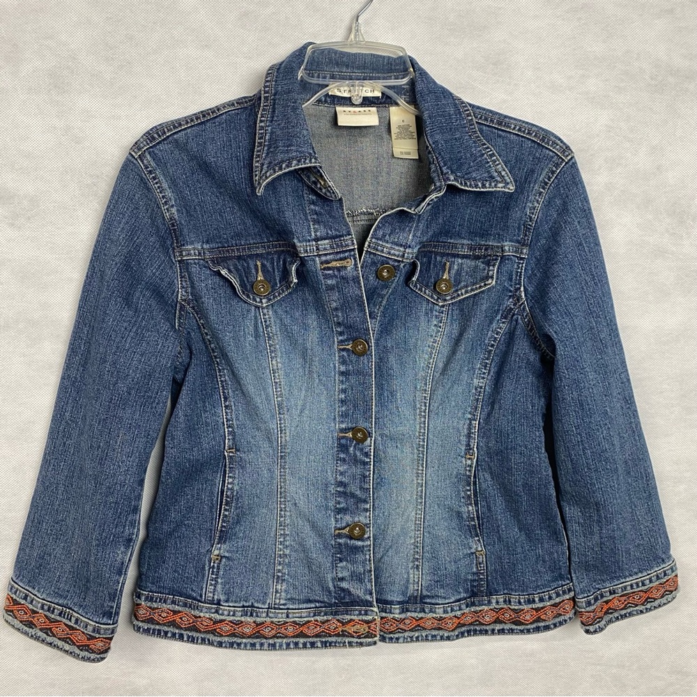 Vintage Y2K Liz Claiborne Axcess Denim Jacket Womens Sz 6  Embroidered Boho